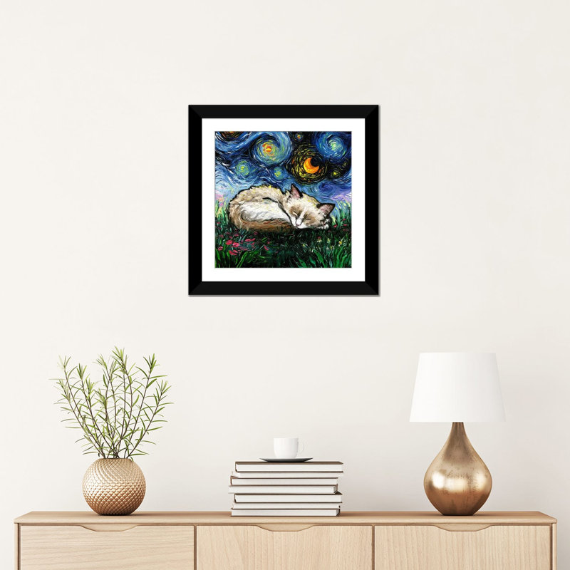 Sleepy Ragdoll Kitten Night, Black Open Corner Framed Paper, White, 16" H x 16" W x 1" D