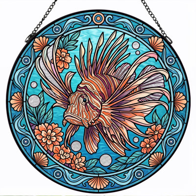 Panneau de vitrail en forme de poisson lion ， 12 po