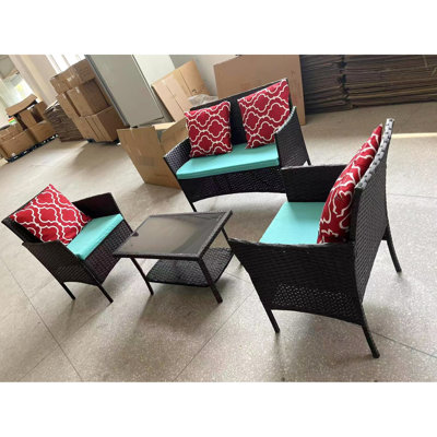Mobilier d'extérieur 4: PE, chaise, table, coussins, fabrication, protégé, brun 4: chaises, cadre en fer trempé latéral en verre trempé,