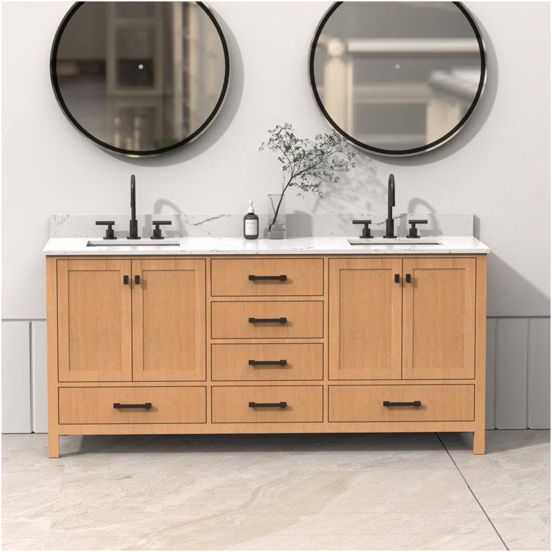 72'' Bathroom Vanity, Wood Frame Bathroom Storage Cabinet, Freestanding Vanity Top With Double Basin Natural Oak, Brown