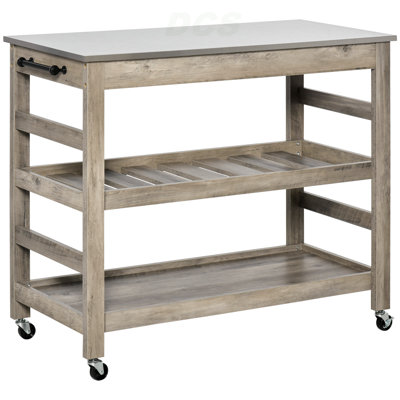 Rolling Kitchen Cart With Stainless Steel Countertop, 1 Bottom Shelf, 1 Slotted Middle Shelf And 4 Castor Wheels, Grey