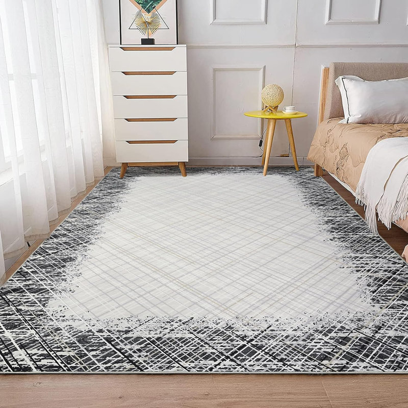 Modern Machine Washable Area Rug with Border, Stain Resistant & Non-Slip, Minimalist Farmhouse Accent Rug for Dining Room, Office, Bedroom, Grey