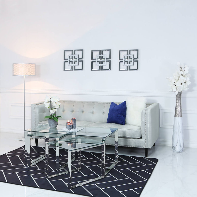 Shamir Nest of Tables for Living Room Furniture, Metal and Glass Coffee Table & Side Table, Silver