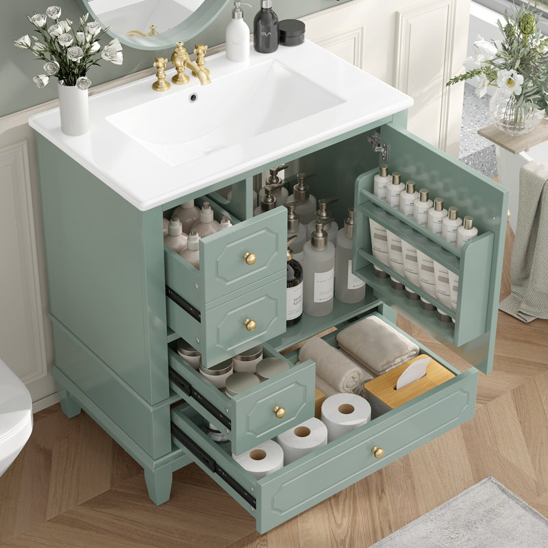 Meuble-lavabo simple 30 po en bois massif avec comptoir en céramique, Vert