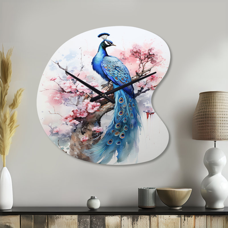 «Blue Peacock Watercolor I» - horloge murale de forme irrégulière en forme de paon, horloge murale asymétrique moderne, Petit
