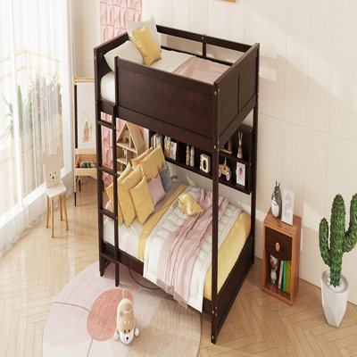 Queen Bunk Bed with Storage, Charging Station, Ladder, and Safety Guardrails in Solid Pine Wood