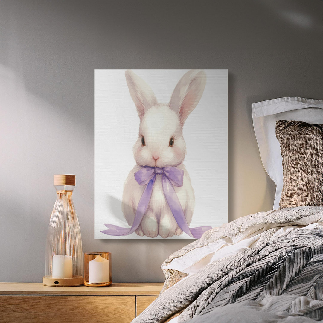 Adorable Watercolor Bunny Canvas Art, Sweet Lavender Bow Rabbit Nursery Decor Wall Print, Cute Baby Animal Gift