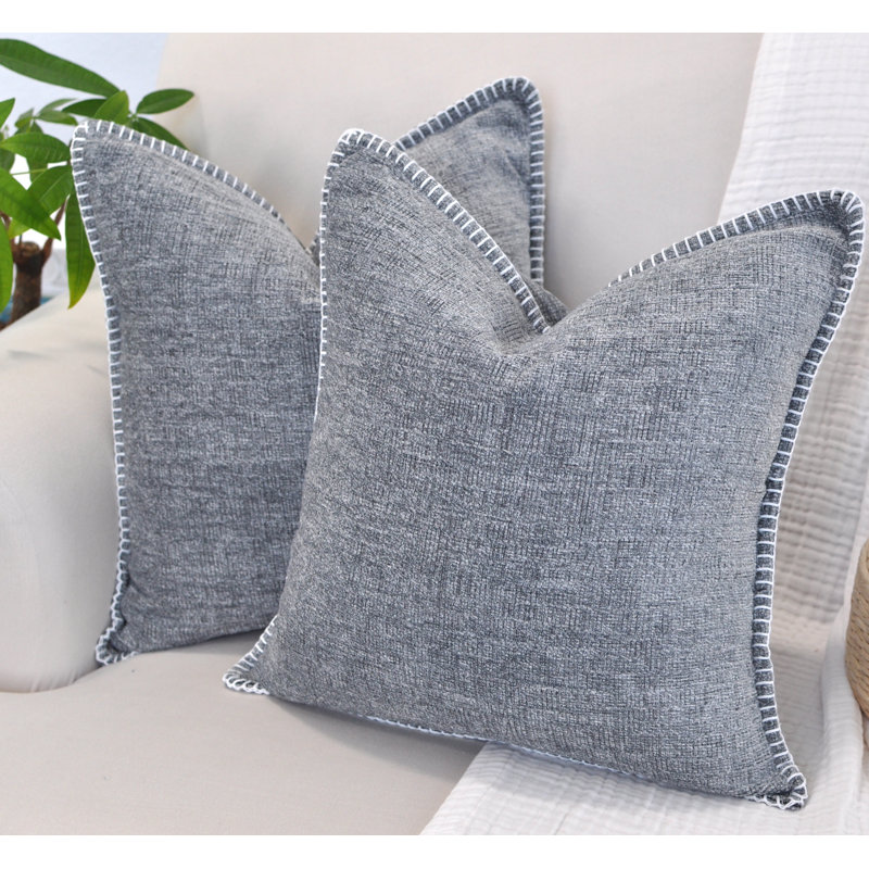 Gray Chenille Square Throw Pillow Covers with Piped Edges, Set of 2