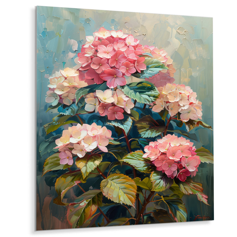 Hortensia rose et bleu qui fleurit en été IV - hydrangées, art mural, Sans cadre, métal, H 16 po x l 32 po