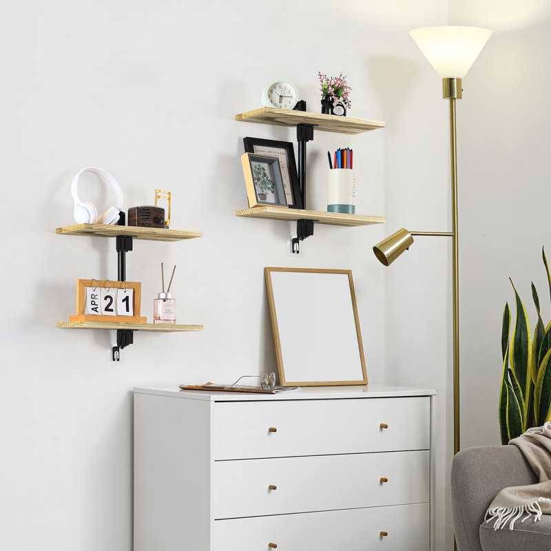 Tablettes flottantes à 2 niveaux avec bois de pin naturel et acier inoxydable, tablette murale à deux niveaux pour salle de bain, bureau, salon