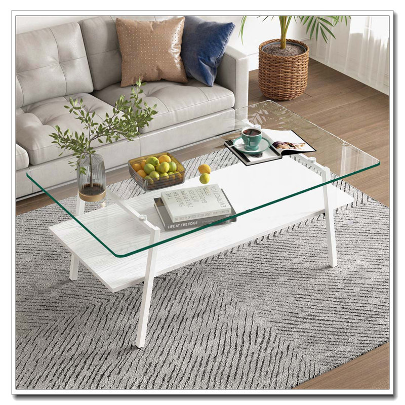 Table basse rectangulaire, plateau de table en verre trempé avec pieds, Clair, Blanc