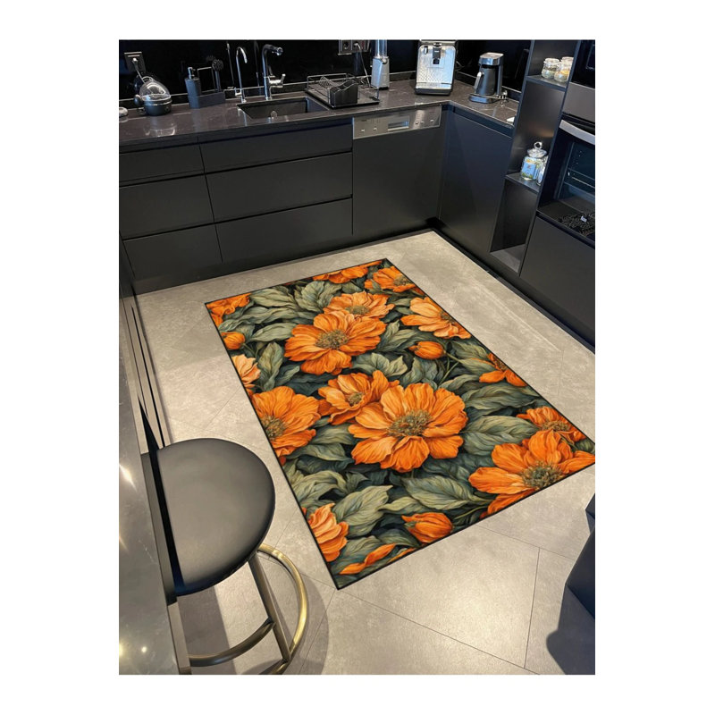 Floral Orange Patterned Washable Carpet, Rectangle 2'4" x 4'