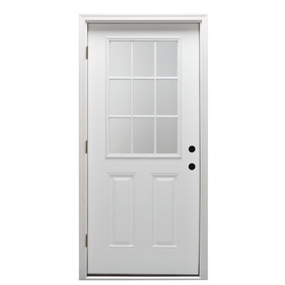 30" x 80" Right-Hand Outswing 9-Lite 2-Panel Clear Glass Primed Fiberglass Prehung Front Entry Door on 4-9/16" Frame