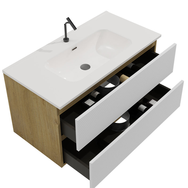 Meuble-lavabo de 36 po - mélange de blanc neige et de chêne naturel, lavabo en céramique avec trop-plein, rangement généreux, conception contemporaine de style contemporain avec passe-partout silencieux, coulisses silencieuses à fermeture en douceur