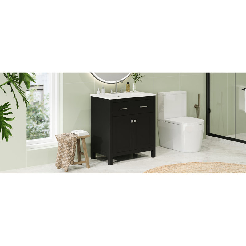 Meuble-lavabo moderne de 30 po, noir avec lavabo en céramique et armoire à 2 portes, maximise l'espace avec lavabo fonctionnel, tablette spacieuse pour l'esthétique