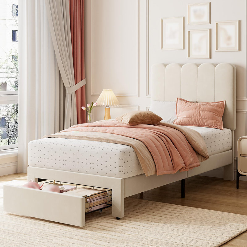 Twin Bed Frame with Under-Bed Drawer, Upholstered Platform Bed with Wave Headboard for Kids/Girls, White/Velvet, Twin
