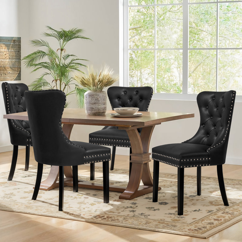 Tufted Leather Upholstered Wing Back Parsons Chair (Set Of 4), 4, White/Black