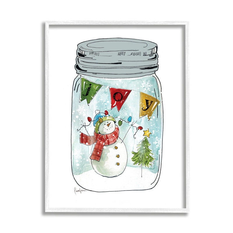 Joyeux bonhomme de neige avec bonhomme de neige et lumières d'arbre de Noël par Livi Finn - Peinture, H 20 po x l 16 po