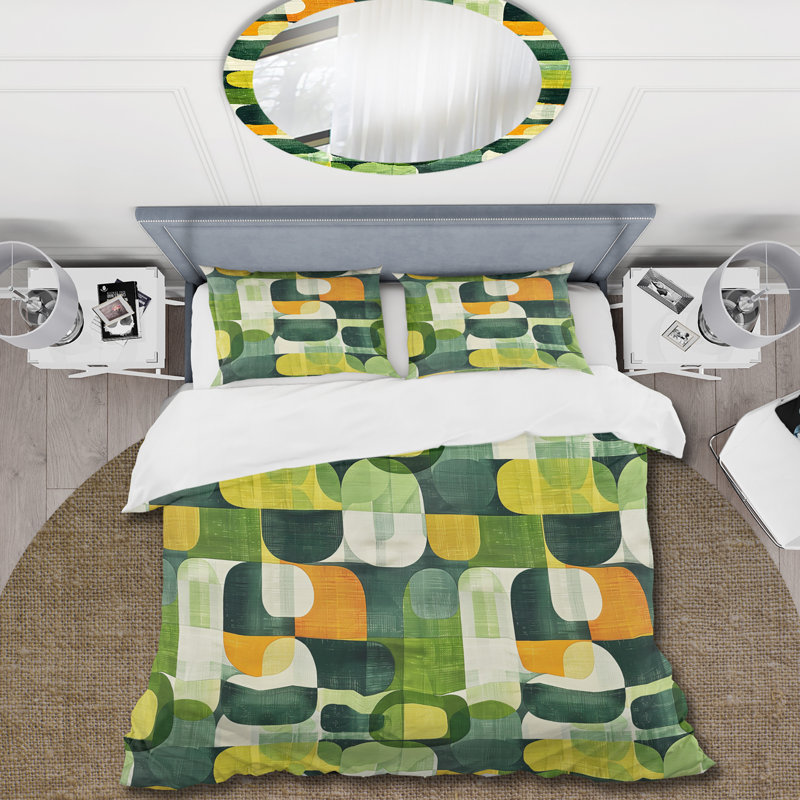 Ensemble de housse de couette vert orange Midcentury Shapes I - Midcentury, Housse de couette très grand + 2 taies décorativ
