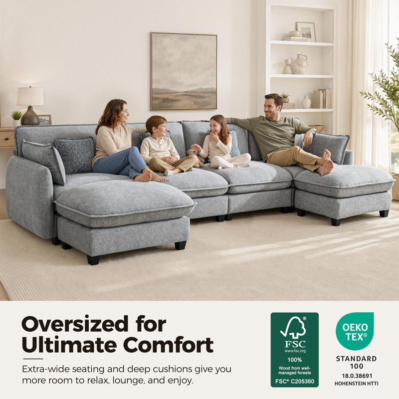 Oversized Modular Sectional Sofa, 4 Seat U shaped Cloud Sectional Couch with 2 Ottomans, Gray Fabric