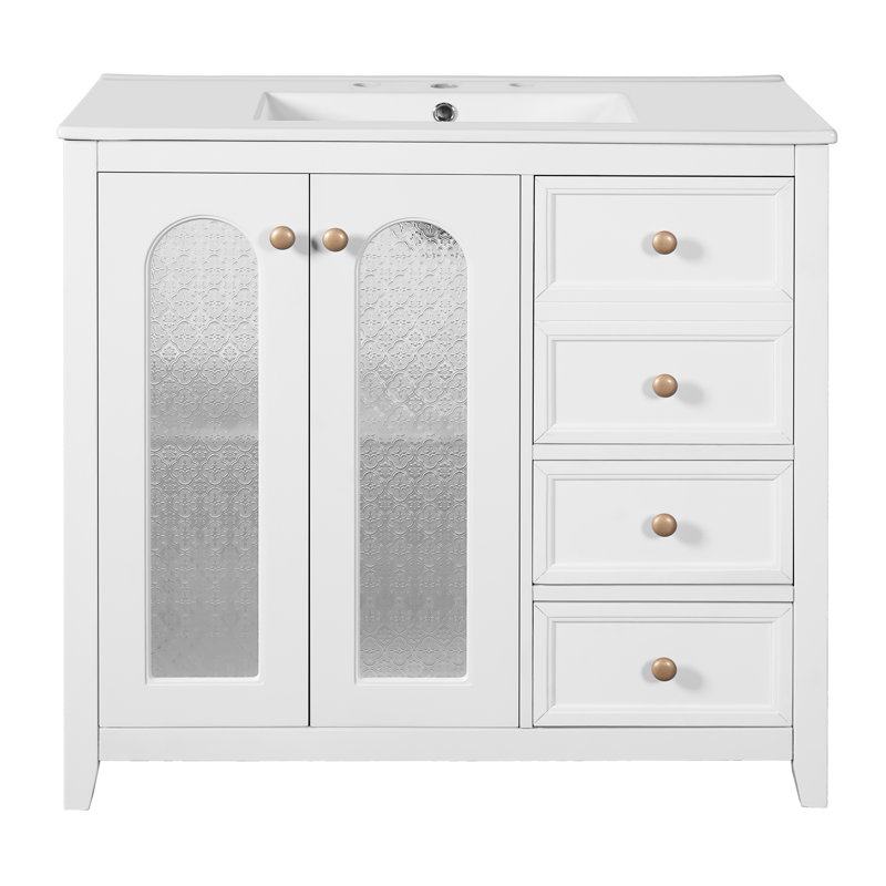 Meuble-lavabo de 35 pouces avec poignées dorées de luxe, armoire à fermeture douce et évier protégé contre les débordements, lavabo en céramique facile à nettoyer, mécanisme de fermeture silencieuse, grand tiroir de rangement