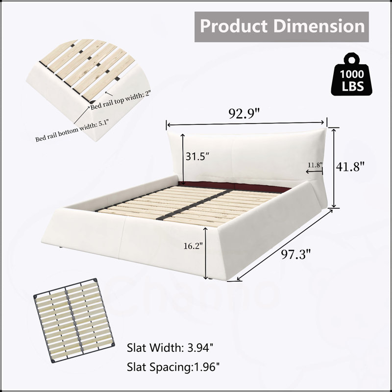 Très grand lit plateforme tapissier avec tête de lit en velours, structure en métal et bois massif, crème, luxueux et durable
