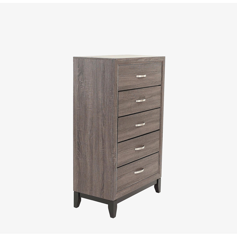 Bedroom Furniture Rustic Grey Oak Simple 1pc Tall Chest 5-Drawers Storage Solidwood Chest