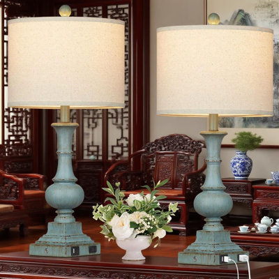 Ensemble de 2 lampes de table de style campagnard avec ports de charge USB A + C et prise de courant, lampe de chevet à commande tactile à intensité variable à 3 voies pour le salon et la chambre à coucher, comprend des ampoules DEL