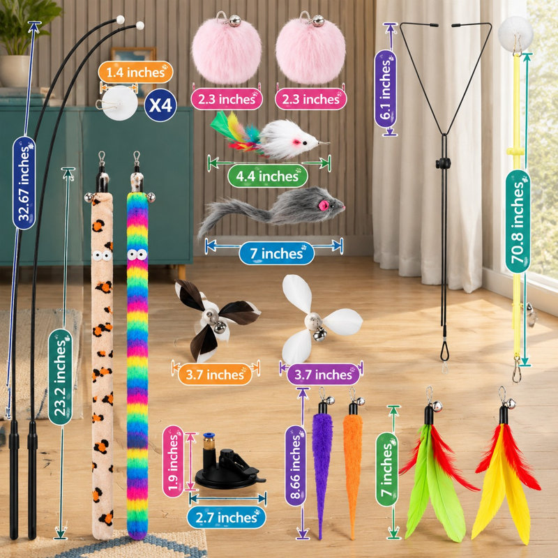Ce kit de 12 baguettes interactives 4 en 1 pour chatons d'intérieur comprend une ventouse améliorée, un bâtonnet de rechange pour chat et 2 types de jouets à suspendre à la porte.