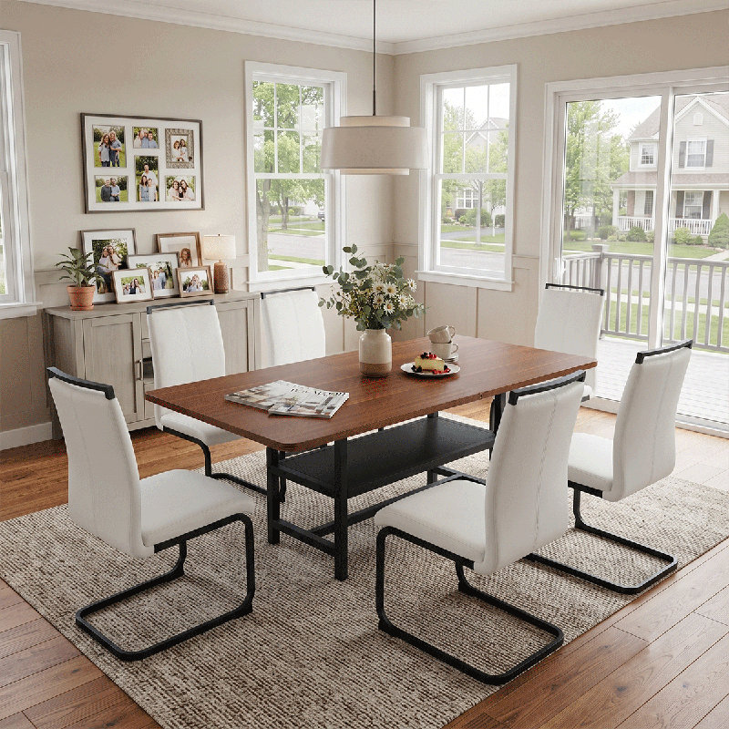 Ensemble de table de salle à manger rectangulaire pour 6 personnes, ensemble de table de salle à manger de style campagnard de 71 po avec 6 chaises rembourrées et tablette de rangement, plateau de table en bois avec structure en métal noir