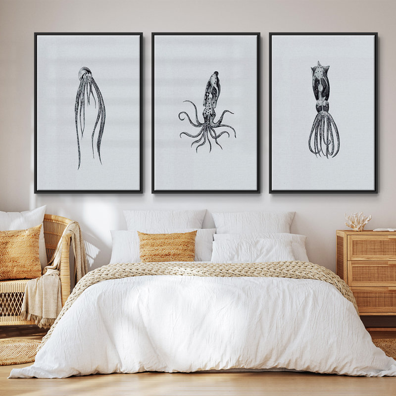 Marine Life, ensemble de 3 pièces encadrées sur toile, H 27 po x l 54 po x P 2 po, Cadre noir