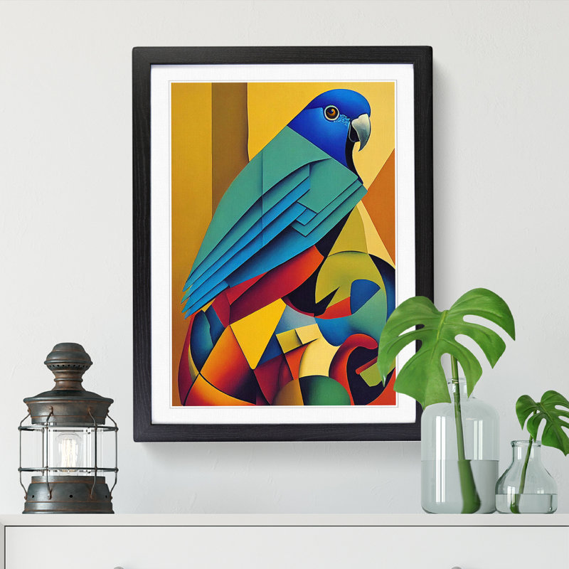 Parrot Cubism - Single Picture Frame Painting, 34cm H x 25cm W x 2cm D, Oak