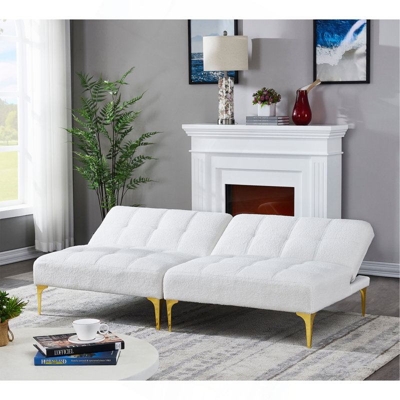 Convertible Sofa Bed Futon With Gold Metal Legs Teddy Fabric