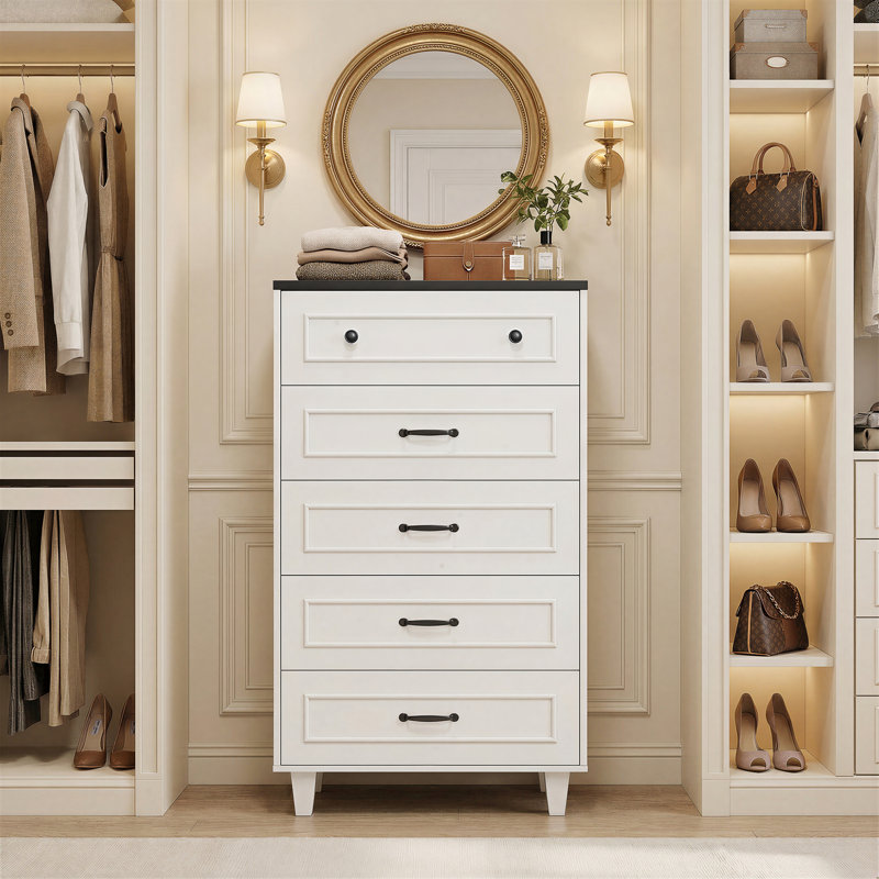 Commode de style champêtre à 5 tiroirs, 70 cm de largeur, grand coffre de rangement pour chambre, salon, entrée, blanc