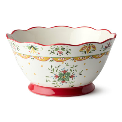 Provence 132 oz Deep Ceramic Serving Bowl – 10.5" x 5.5" Round Bowl for Pasta, Salad, or Fruit – Vintage French Country Style – Large Rustic Folk Art Bowl