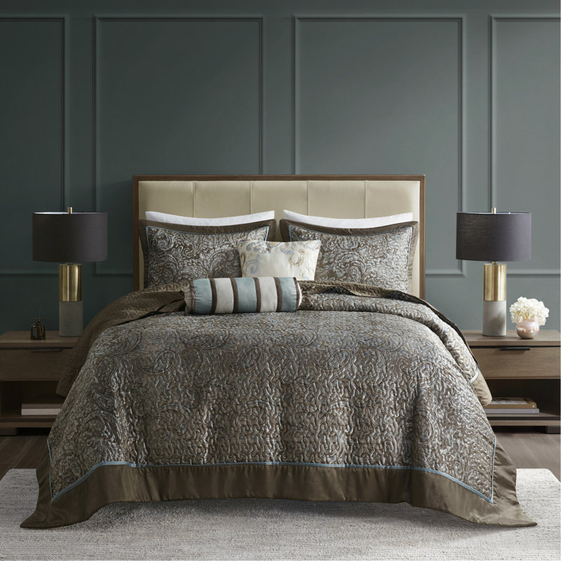 Bedspread Featuring Embroidery With Pillows In Splendid, Blue/Brown, King Comforter + 2 Shams + 2 Decorative Pillows
