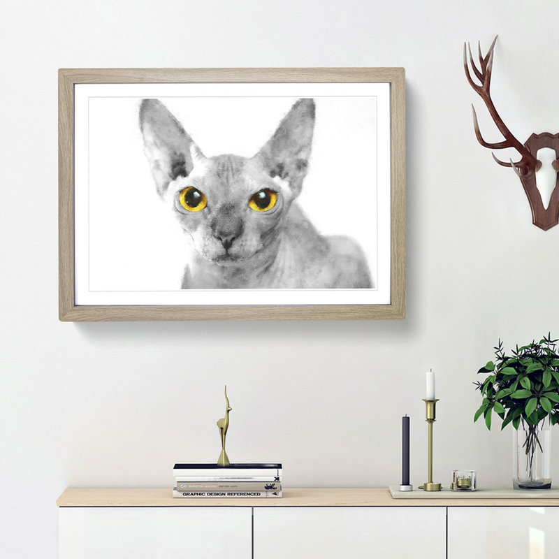Sphynx Cat with Amber Eyes - Picture Frame Painting Print, 33cm H x 45cm W x 2cm D, Oak Framed
