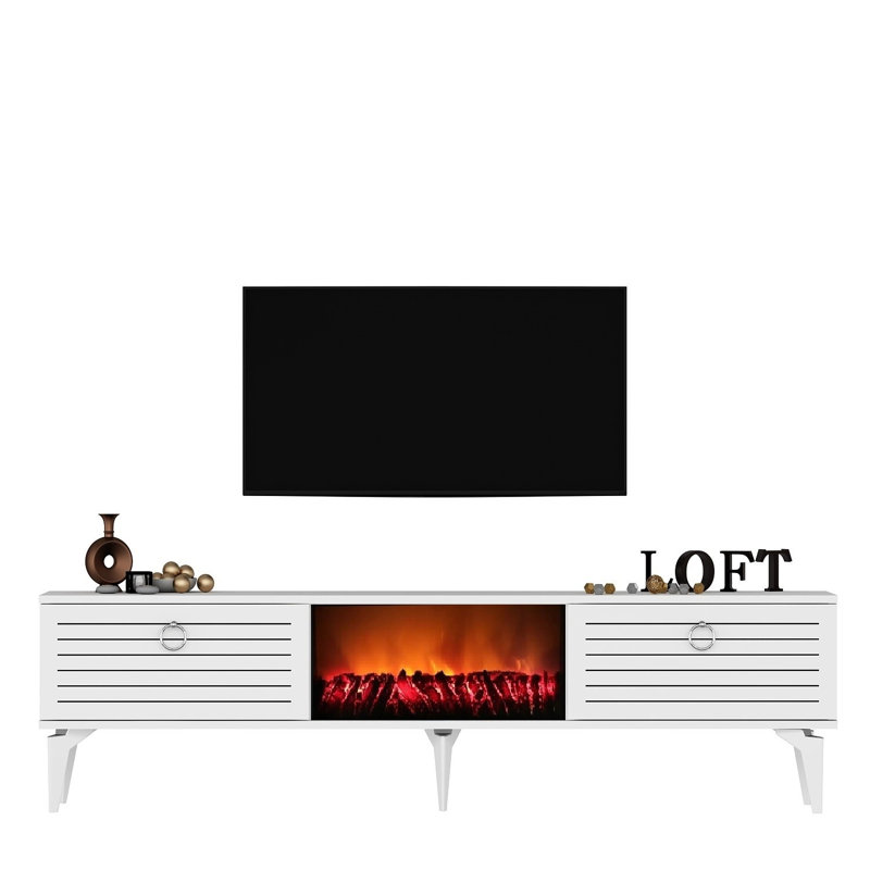Meuble télé moderne blanc avec foyer électrique 59,1 po x 17,6 po x 11,6 po | 100% panneau de particules enduit de mélamine, 0,7 po d'épaisseur | Lumière DEL et façade en verre broyé, design élégant et fonctionnel pour le salon et les espaces de divertissement