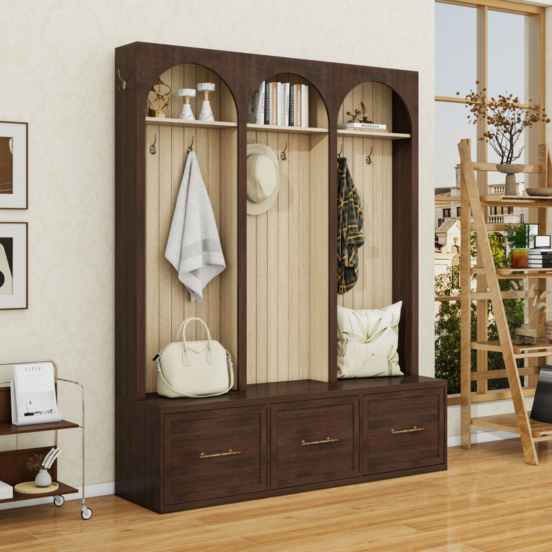 Three Drawers Hall Tree with Bench and Hooks, Dark Walnut