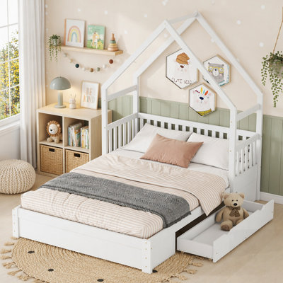 Wood House Platform Bed with Guardrail and 2 Drawers, Natural and Durable