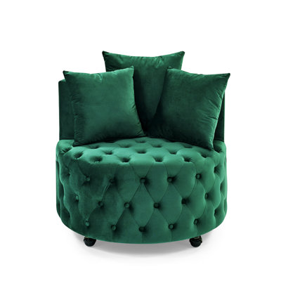 Chaise de salon en velours avec fonction pivotante, bouton, 3 coussins, chaise mobile pour le confort, roues, crée une chambre confortable