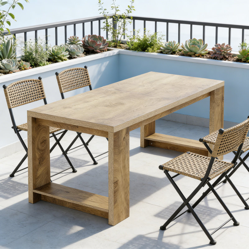 Table de salle à manger rectangulaire en bois massif et manufacturé brun clair avec double piédestal pour 6 personnes