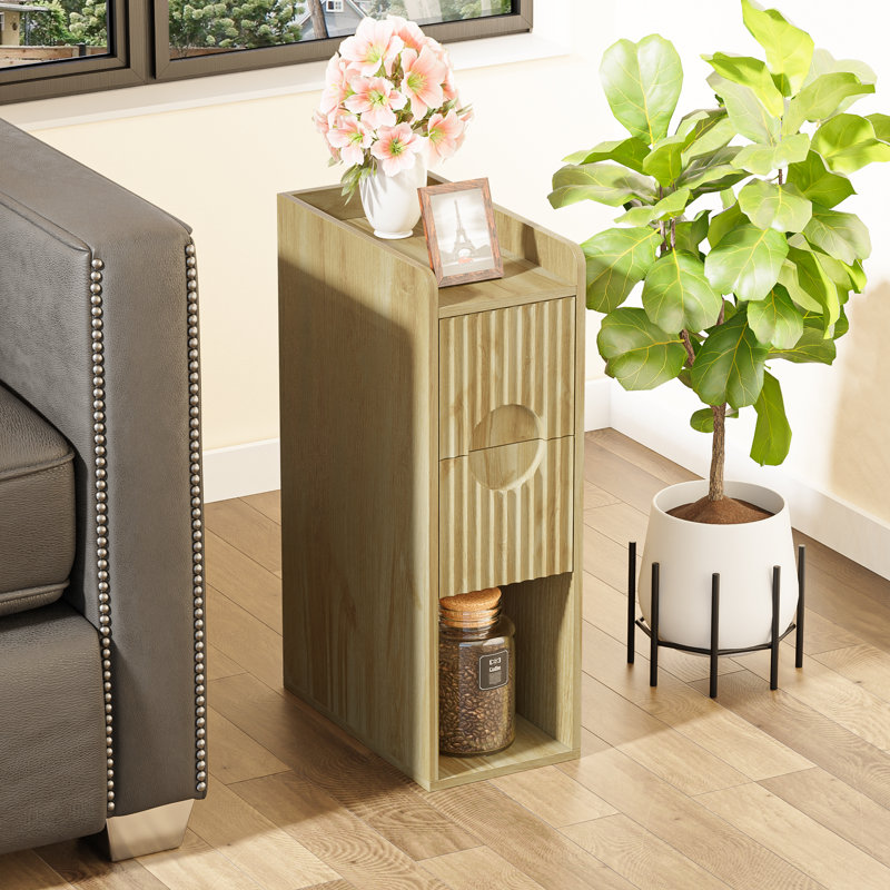 Space-Saving Narrow Nightstand with 2 Drawers and Open Storage, Oak