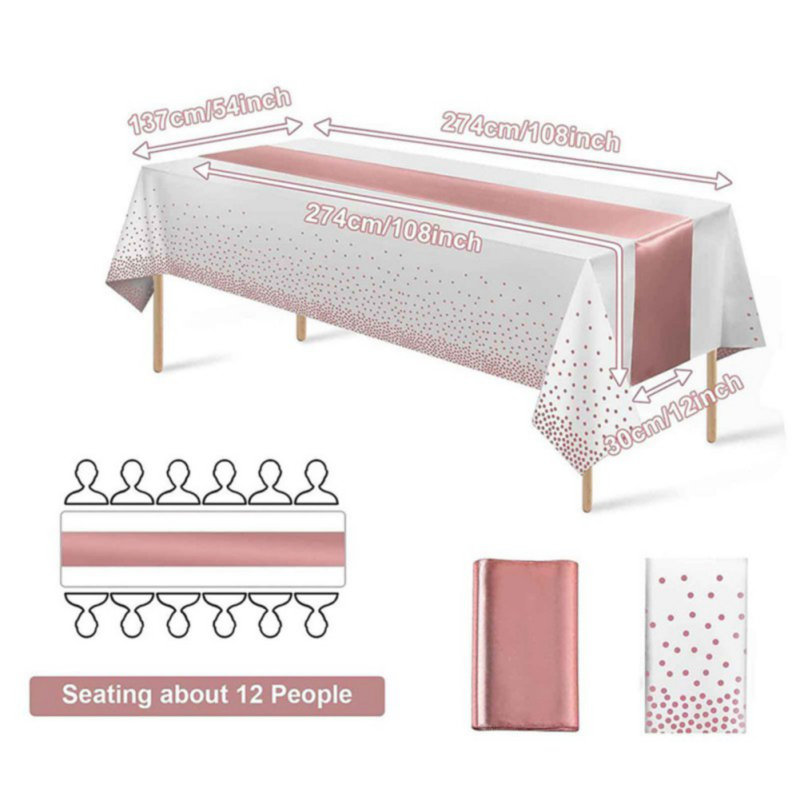 Nappe jetable en plastique et chemin de table en satin à motif de nappe en satin, Rose/Blanc