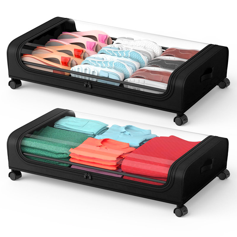  Ensemble de 2 rangement sous le lit avec roulettes pour livre de vêtements (noir), H 6,9 po x l 30,3 po x P 17,1 po