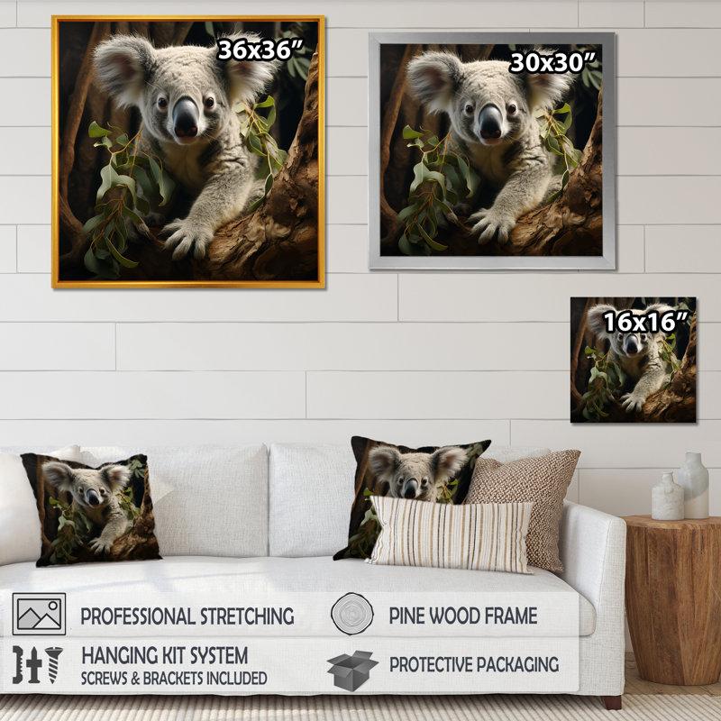 Mignon koala en Australie I - Koala, art mural animal, H 16 po x l 16 po x P 1 po, Cadre flottant brun