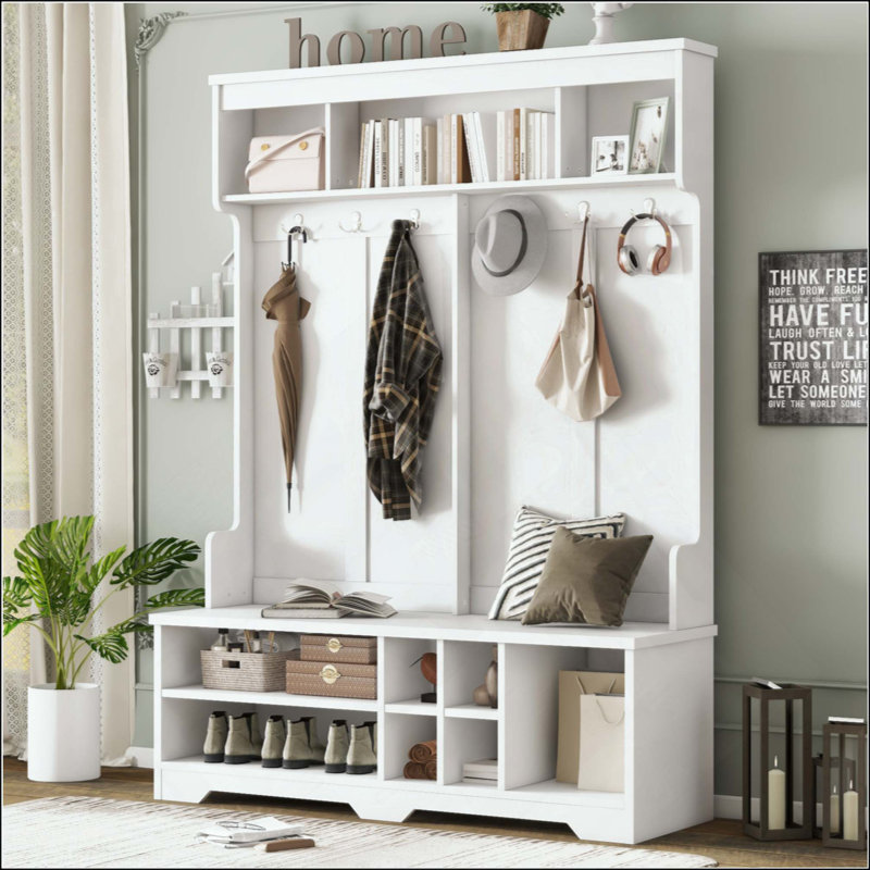 Modern Hallway Hall Tree With Metal Hooks And Storage Space, Multi-Functional Entryway Coat Rack With Shoe Cubbies, White