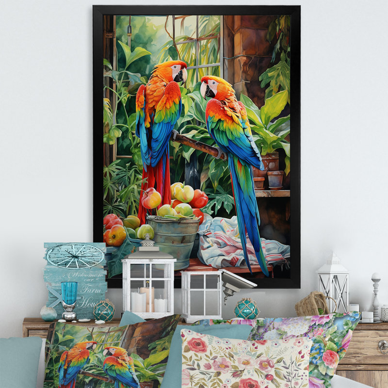 Rouge perroquet paradis II - art mural perroquet, Cadre photo noir, H 44 po x l 34 po x P 1,5 po