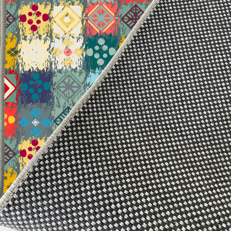 Tapis bleu / jaune / rouge en coton touffeté à la machine Mayra, Tapis de couloir 2 pi 7 po x 14 pi 9 po
