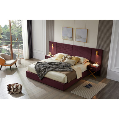 King Size Velvet Bed Frame/Vertical Channel Tufted Wingback Headboard/Upholstered Platform Bed/Strong Wooden Slats/No Box Spring Needed/Easy Assembly